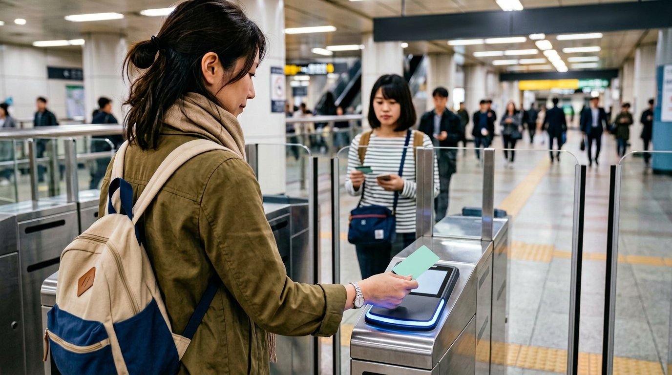 AI生成イラスト:地下鉄改札で交通カードを使う日本人旅行者。実在のカードや駅ではありません。