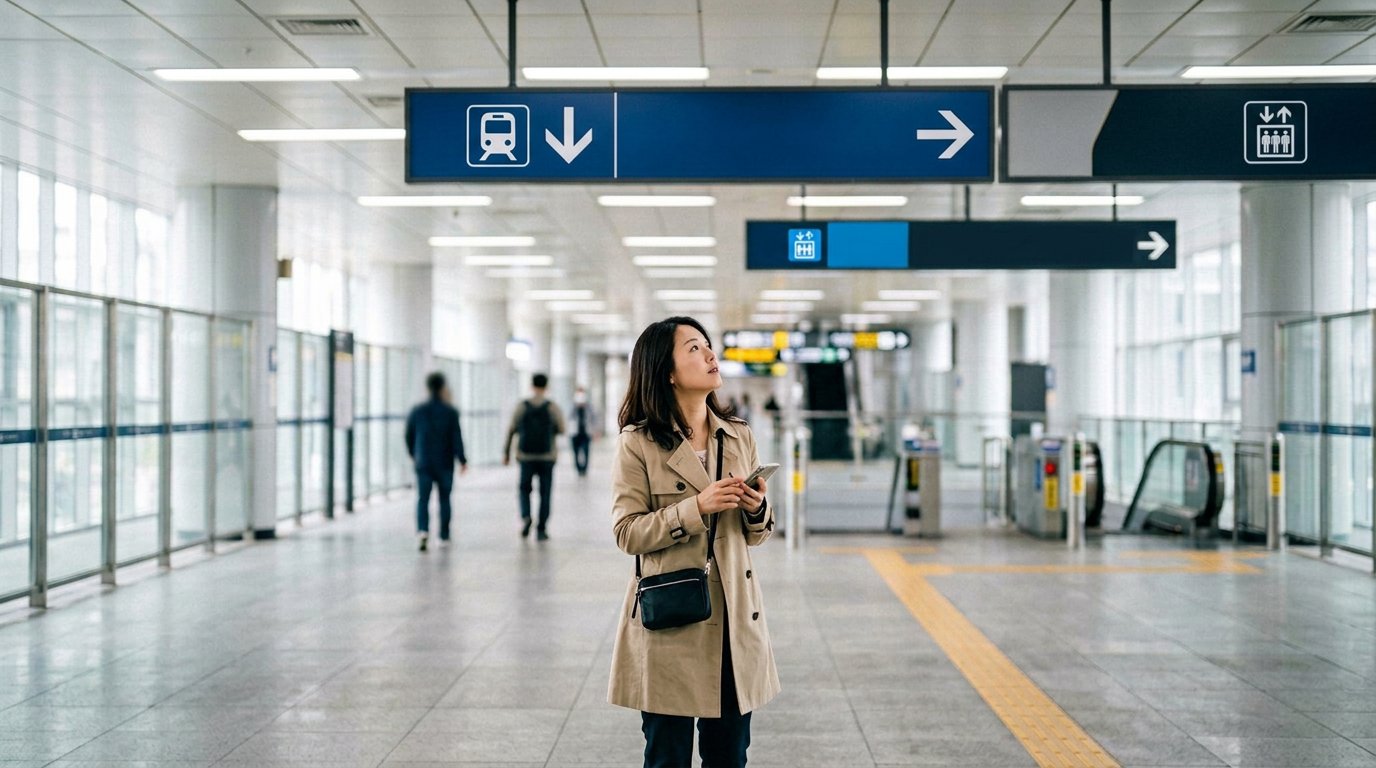 AI生成イラスト:地下鉄の案内表示を見上げる日本人旅行者。特定の実在駅ではありません。