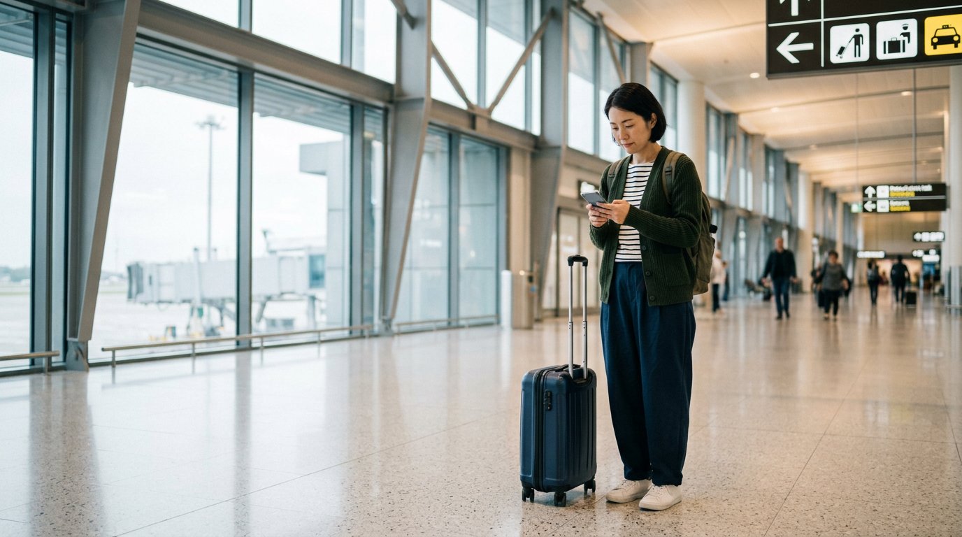 AI生成イラスト:空港到着後にスマートフォンを確認する日本人旅行者。実在の空港や入国手続きを記録していません。