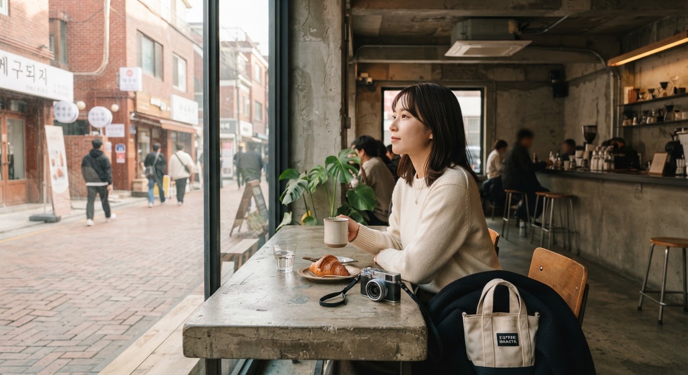 編集用イメージ:ソウル風のカフェで過ごす旅行者。実在店舗の記録ではありません。