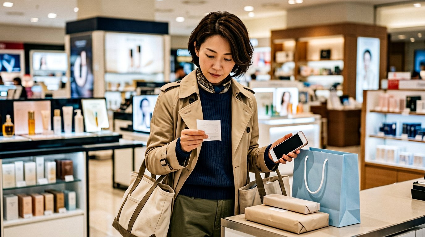 AI生成イラスト:韓国で買い物のレシートを確認する日本人旅行者。実在の店舗・取引ではありません。