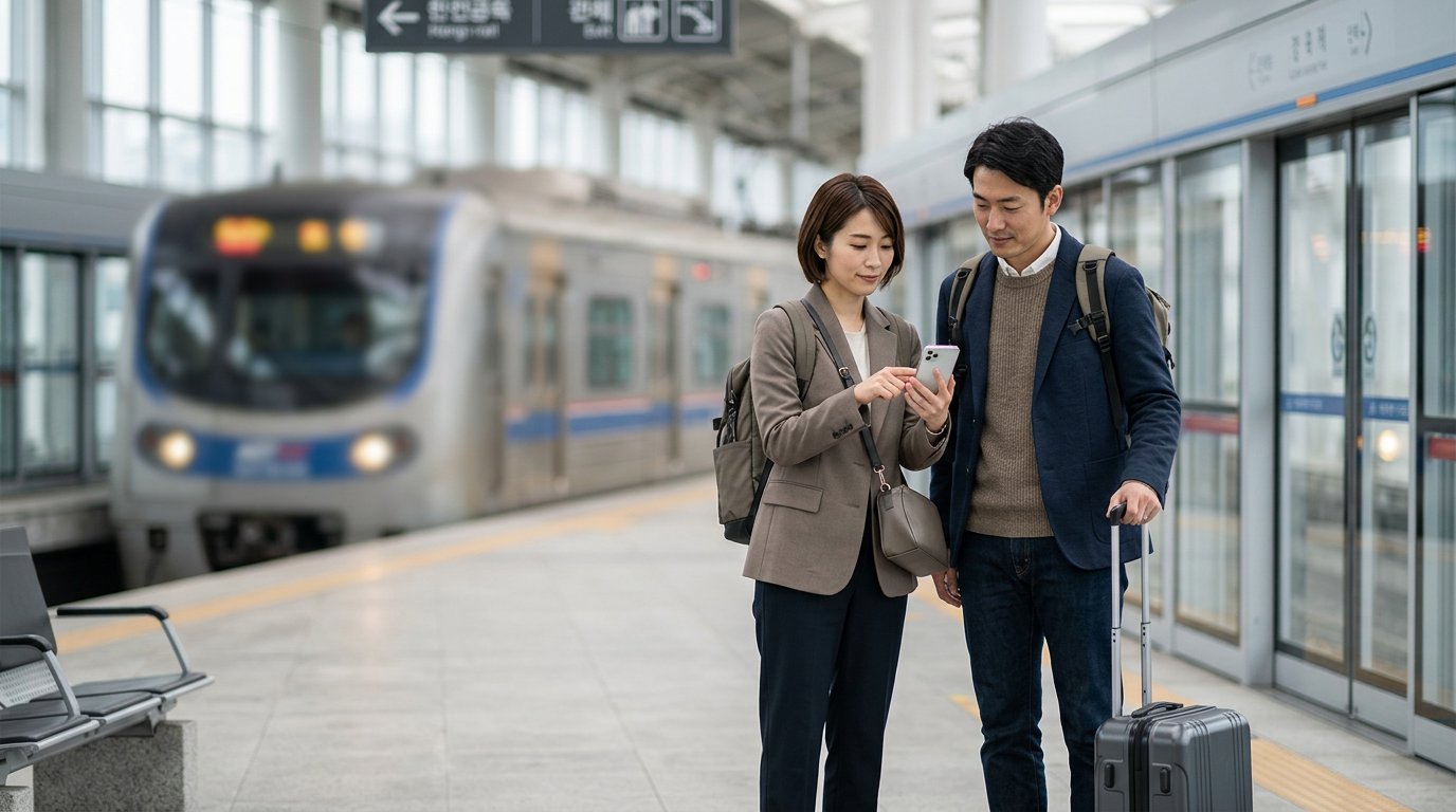 AI生成イラスト:空港鉄道のホームで旅程を確認する日本人旅行者。実在の列車・駅ではありません。